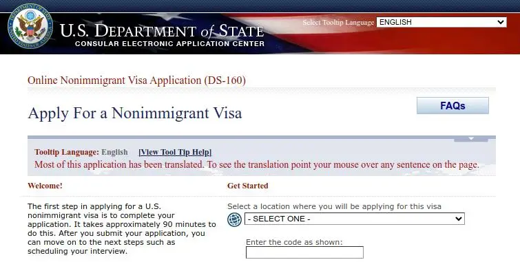 Form DS-160 Online application for U.S. nonimmigrant visas, including tourism, business, and study
