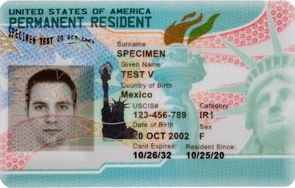 Illustration of a U.S. Permanent Resident Card, also known as a Green Card, showing its design and key features.