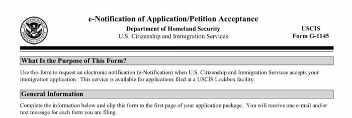 Form G-1145, E-Notification of Application/Petition Acceptance – Official USCIS form